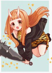 1girl :o animal_print bare_shoulders black_jacket black_shoes blue_background blush border brown_eyes brown_hair club club_(weapon) commentary_request fang floating_hair full_body grey_border highres holding horns ichihara_nina idolmaster idolmaster_cinderella_girls idolmaster_cinderella_girls_starlight_stage jacket kanabou long_hair long_sleeves looking_at_viewer off_shoulder oni open_clothes open_jacket open_mouth print_shorts puffy_long_sleeves puffy_shorts puffy_sleeves rino_cnc setsubun shoes shorts solo star_(symbol) tiger_print very_long_hair weapon yellow_shorts