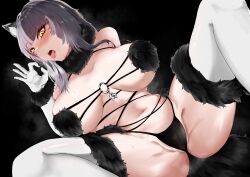 0dakoc 1girl adapted_costume alternate_color animal_ears black_hair black_nails black_tail blush breasts claw_pose cosplay elbow_gloves fate/grand_order fate_(series) fellatio_gesture fur-trimmed_gloves fur-trimmed_legwear fur-trimmed_thighhighs fur_bikini fur_collar fur_trim gloves grey_hair halloween_costume highres hololive hololive_english lace lace-trimmed_legwear lace_trim large_breasts long_hair looking_at_viewer mash_kyrielight mash_kyrielight_(cosplay) mash_kyrielight_(dangerous_beast) mash_kyrielight_(dangerous_beast)_(cosplay) multicolored_hair navel o-ring o-ring_top open_mouth revealing_clothes shiori_novella solo split-color_hair spread_legs tail thighhighs tongue tongue_out two-tone_hair virtual_youtuber white_gloves white_thighhighs wolf_ears wolf_tail yellow_eyes