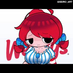 1girl animated animated_gif breasts dot_nose eyes_visible_through_hair leaning_forward looking_at_viewer medium_breasts product_girl seiro shiny_clothes shiny_skin sidelocks skindentation solo standing wendy&#039;s wendy_(wendy&#039;s)