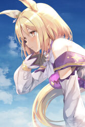 absurdres animal_ears bare_shoulders blonde_hair bob_cut bow bow-shaped_hair bowtie breasts dress ear_covers highres horse_ears horse_girl horse_tail leaning_forward long_sleeves medium_breasts narita_top_road_(umamusume) off-shoulder_shirt off_shoulder purple_dress shirt short_hair single_ear_cover steaming_body tail umamusume uu-tan_(hushigi10) white_bow white_bowtie white_shirt yellow_eyes