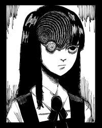 1girl absurdres body_horror chainsaw_man commentary eyeball fourth_east_high_school_uniform frown greyscale hair_down highres hole_in_head meme mitaka_asa monochrome parody portrait ringed_eyes schonv school_uniform solo spiral uzumaki uzumaki_spiral_head_girl_(meme)