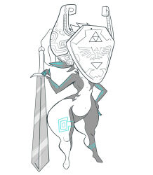 1girl 2012 arm_tattoo black_skin blue_skin breasts collarbone colored_skin commentary contrapposto covered_face english_commentary female_focus full_body hand_on_own_hip helmet holding holding_sword holding_weapon hylian_shield jaeh_the_bird leg_tattoo long_sword midna monochrome multicolored_skin nintendo no_nipples nude planted shield simple_background small_breasts solo spot_color standing sword tattoo the_legend_of_zelda the_legend_of_zelda:_twilight_princess thick_thighs thighs tiptoes two-tone_skin weapon white_background wide_hips you&#039;re_doing_it_wrong