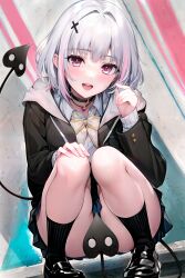1girl absurdres ass asumi_sena asumi_sena_(4th_costume) black_choker black_footwear black_jacket black_socks blue_skirt blush bow bowtie breasts choker dress grey_hair hair_ornament highres jacket long_hair long_sleeves looking_at_viewer medium_hair multicolored_hair open_mouth pink_eyes pink_hair pleated_skirt school_uniform shirt skirt small_breasts smile socks solo squatting streaked_hair sugiki teeth thighs upper_teeth_only virtual_youtuber vspo! white_shirt x_hair_ornament yellow_bow yellow_bowtie