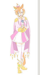 1girl :d animal_ears blue_flower blue_rose boots crown flower full_body grey_background hair_between_eyes holding holding_flower horse_ears horse_girl horse_tail long_sleeves looking_at_viewer mini_crown open_mouth orange_hair pink_shirt puffy_long_sleeves puffy_sleeves purple_eyes rose seila_rei shirt skirt smile solo standing t.m._opera_o_(umamusume) tail thighhighs thighhighs_under_boots two-tone_background umamusume white_background white_skirt white_thighhighs yellow_boots
