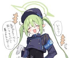 Rule 34 | +++, 1girl, :d, ^ ^, armband, black hat, black jacket, black leotard, blue archive, blue armband, blush stickers, buttons, closed eyes, covered navel, cropped jacket, double-breasted, earrings, facing viewer, fang, floating earrings, gloves, green hair, green halo, halo, hand up, happy, hat, jacket, jewelry, leotard, leotard under clothes, long hair, nozomi (blue archive), open mouth, peaked cap, pointy ears, popped collar, simple background, skin fang, smile, solo, speech bubble, train conductor, translation request, triangle earrings, twintails, upper body, white background, white gloves, youbi (0ver sd)