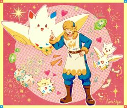 Rule 34 | 1boy, blonde hair, blush, boots, brown boots, closed eyes, egg, eggshell, feathers, full body, gen 2 pokemon, gen 4 pokemon, ginkgo guild uniform, hair over one eye, hand on own hip, hat, heart, highres, index finger raised, long sleeves, male focus, nintendo, no ichigo, open mouth, pokemon, pokemon (creature), pokemon egg, pokemon legends: arceus, shiny stone (pokemon), signature, simple background, sparkle, standing, togekiss, togepi, togetic, volo (pokemon)