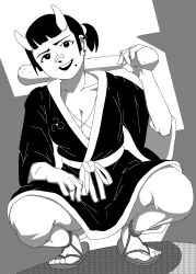 Rule 34 | bandaid, bandaid on face, bandaid on nose, baseball bat, black kimono, breasts, cleavage, coco (setawar), collarbone, dithering, earrings, greyscale, highres, holding, holding baseball bat, japanese clothes, jewelry, kimono, knees, miku (world of horror), monochrome, open clothes, open kimono, open mouth, over shoulder, pixel art, slav squatting, squatting, teeth, upper teeth only, waraji, weapon, weapon over shoulder, world of horror