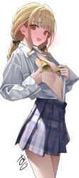 1girl @_@ absurdres ahoge bikini bikini_under_clothes black_bow blonde_hair blue_skirt blush bow braid breasts ear_blush fujita_kotone gakuen_idolmaster gold_bikini hair_bow highres idolmaster kawai_ritsu_(rits_meg) long_hair looking_at_viewer nose_blush open_clothes open_shirt plaid_clothes plaid_skirt pleated_skirt school_uniform shirt signature simple_background skirt small_breasts solo swimsuit twin_braids white_background white_shirt yellow_eyes
