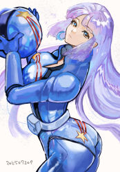 Rule 34 | 1girl, aeug, ass, breasts, cleavage, closed mouth, commentary request, dated, gundam, gundam zz, helmet, highres, jewelry, large breasts, long hair, looking at viewer, mecha pilot suit, normal suit (gundam), okrdisk2000, purple hair, roux louka, science fiction, simple background, smile, solo, star (symbol), star print, unworn headwear, unworn helmet, white background