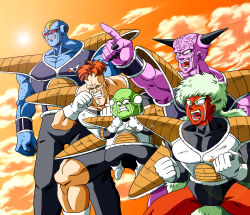 5boys absurdres armor blue_skin burter captain_ginyu colored_skin crying crying_with_eyes_open dragon_ball dragonball_z extra_eyes ginyu_force green_skin guldo highres jeice multiple_boys open_mouth orange_hair orange_sky purple_skin recoome red_eyes red_skin sky sun tears vansolt veins white_hair wrist_guards
