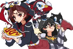 2boys :q amamiya_ren animal_ear_hood apron black-framed_eyewear black_hair black_hoodie bright_pupils brown_eyes closed_mouth commentary cup drawstring fake_animal_ears food glasses grey_pants hair_between_eyes hands_up highres holding holding_cup holding_plate hood hood_up hoodie kamishiro_nagisa ketchup_bottle leg_up long_sleeves looking_at_another looking_at_viewer lufel_(p5x) maitakepasuta male_focus morgana_(persona_5) mouth_hold multiple_boys official_alternate_costume omelet omurice pants persona persona_5 persona_5:_the_phantom_x plaid_clothes plaid_pants plate red_apron red_eyes red_hair red_shoes shoes short_hair simple_background sneakers socks tongue tongue_out waist_apron white_background white_pupils white_socks