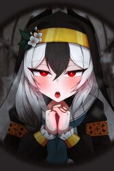 Rule 34 | 1girl, absurdres, alternate costume, ascot, black hair, black jacket, black veil, blue archive, blue ascot, blush, cosplay, demon girl, demon horns, dress, flower, hair between eyes, hair flower, hair ornament, highres, horns, jacket, kayoko (blue archive), long hair, looking at viewer, manli, mari (blue archive), mari (blue archive) (cosplay), sidelocks, solo, sweat, tongue, tongue out, veil, white dress, white flower, white hair