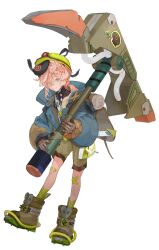 1girl @_@ backpack bag bandaid bandaid_on_face bandaid_on_knee bandaid_on_leg bandaid_on_nose blue_eyes blue_jacket boots brown_boots brown_shorts cleats fate/grand_order fate_(series) full_body gloves hard_hat helmet highres holding holding_pickaxe huge_weapon jacket kibadori_rue long_sleeves looking_at_viewer official_art outline pickaxe pink_hair shirt shorts smile solo standing standing_on_one_leg tachi-e transparent_background van_gogh_(fate) van_gogh_(miner)_(fate) weapon white_outline