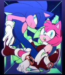 1girl :o amy_rose animal_ears animal_nose blue_background blue_fur boots bracelet dress full_body furry furry_female furry_male gloves gold_bracelet green_eyes hairband hedgehog_boy hedgehog_girl highres jewelry looking_at_viewer open_mouth pink_fur pink_hair red_dress red_hairband red_shoes shoes short_tail simple_background sitting sonic_(series) sonic_the_hedgehog standing tail weon1119 white_gloves