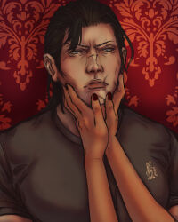 Rule 34 | absurdres, black hair, blue eyes, dark-skinned female, dark skin, highres, male focus, muscular, muscular male, pale skin, photoshop (medium), pingurusama, red background, scar, scar on face, scar on lip, scar on nose, sergei dragunov, tekken, tekken 5, tekken 6, tekken 7, tekken 8, tekken tag tournament 2, toned, toned male