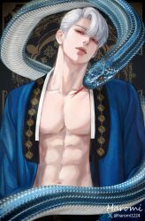 Rule 34 | 1boy, 1other, abs, blue sleeves, blue snake, copyright request, eyes visible through hair, hair over one eye, haromi1224, highres, lips, looking at viewer, male focus, muscular, muscular male, navel, open clothes, parted bangs, parted lips, pectorals, red eyes, short hair, signature, slit pupils, twitter username, upper body, white hair