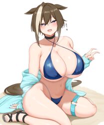 1girl absurdres alternate_costume animal_ears bikini black_choker blue_eyes blue_jacket blue_nails blush breasts brown_hair cheval_grand_(umamusume) choker commentary_request criss-cross_halter hair_between_eyes halterneck heart highres horse_ears horse_girl horse_tail huge_breasts jacket jacket_partially_removed medium_hair multicolored_hair nail_polish navel on_ground open_mouth pasuhai sandals sidelocks simple_background sitting smile solo stomach streaked_hair swimsuit tail thigh_strap toenail_polish toenails umamusume v wariza white_background white_hair