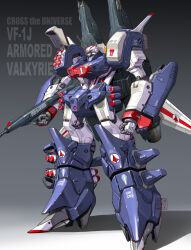 absurdres character_name choujikuu_yousai_macross commentary_request energy_cannon english_text gradient_background gunpod highres laser_cannon machinery macross maeda_hiroyuki mecha mecha_focus missile_pod original reactive_armor redesign robot roundel science_fiction signature u.n._spacy vf-1 vf-1j vf-1j_armored