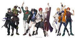 6+boys abs animal_ears aragami_oga aragami_oga_(1st_costume) arm_up arurandeisu_(old_design) astel_leda_(1st_costume) black_choker black_gloves black_hair black_leggings black_pants black_shirt blonde_hair blue_eyes blue_hair choker coat commentary_request copyright_notice curtained_hair dark-skinned_male dark_skin denim denim_shorts eyepatch full_body fur-trimmed_coat fur_trim gloves green_eyes grey_hair hair_between_eyes hanasaki_miyabi hanasaki_miyabi_(1st_costume) happy holostars horns jackal_boy jackal_ears jacket kageyama_shien kageyama_shien_(1st_costume) kanade_izuru_(1st_costume) kishido_temma kishido_temma_(1st_costume) leggings looking_at_viewer male_focus multicolored_hair multiple_boys multiple_girls nozaki_tsubata official_art orange_hair padded_jacket pants pink_hair purple_eyes rikka_(1st_costume)_(holostars) rikka_(holostars) shirt short_hair shorts single_horn smile standing streaked_hair teeth two-tone_hair virtual_youtuber white_background white_hair white_pants yellow_eyes yukoku_roberu yukoku_roberu_(1st_costume)