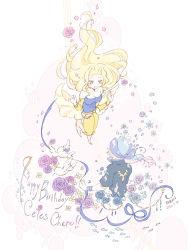 1boy 1girl bandana belt blonde_hair blue_eyes blue_pants blue_shirt boots breasts cape celes_chere cleavage final_fantasy final_fantasy_vi highres locke_cole long_hair medium_breasts namit pants parted_bangs shirt strapless strapless_shirt waist_cape