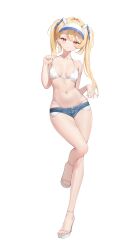 1girl absurdres bare_arms bare_shoulders bikini bikini_under_shorts blonde_hair blue_bow blue_shorts blush bow breasts closed_mouth denim denim_shorts exposed_pocket expressionless feet hair_between_eyes hair_bow hair_intakes high_heel_sandals highleg highleg_bikini highres keibeam looking_at_viewer medium_breasts micro_shorts navel original red_eyes sandals shiny_skin shorts simple_background solo standing standing_on_one_leg stomach strap_pull string_bikini swimsuit toenails toes twintails very_long_fingernails visor_cap white_background white_bikini