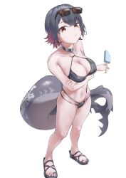 1girl absurdres bikini black_bikini black_choker black_hair breasts choker colored_inner_hair ellen_joe eyewear_on_head fins fish_tail food highres large_breasts looking_at_viewer looking_up multi-strapped_bikini_bottom multicolored_hair o-ring o-ring_bikini popsicle red_eyes sandals shark_girl shark_tail short_hair simple_background solo sunglasses swimsuit tail user_chhh8335 white_background zenless_zone_zero