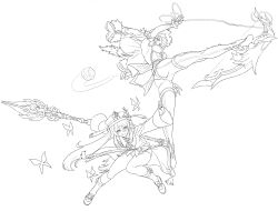 2girls aqua_simulacra_(genshin_impact) ass boots bow_(weapon) breasts bug butterfly cosmic_bear dice floating_hair fur-trimmed_jacket fur_trim genshin_impact greyscale high_heel_boots high_heels highres holding holding_polearm holding_weapon hu_tao_(genshin_impact) insect jacket jacket_on_shoulders kicking lineart long_hair looking_ahead medium_breasts monochrome multiple_girls polearm short_hair short_shorts shorts spear staff_of_homa_(genshin_impact) thigh_boots twintails weapon white_background yelan_(genshin_impact)