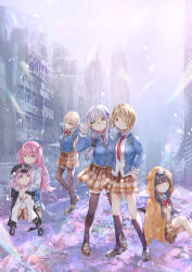 6+girls absurdres adjusting_eyewear aikawa_megumi animal animal_ear_hood animal_on_head aqua_eyes arms_behind_head asakura_karen_(heaven_burns_red) backlighting black_hat black_pantyhose black_ribbon black_socks black_thighhighs blonde_hair blue_jacket blunt_bangs bow bowtie braid brown_shoes brown_skirt cat cat_on_head cat_tail closed_mouth collared_shirt commentary_request contrapposto fake_animal_ears fake_tail full_body glasses green_eyes grey_hair hair_bobbles hair_ornament hair_over_one_eye hair_ribbon half_up_braid hand_on_own_hip hat heaven_burns_red highres hood hood_up hug hug_from_behind izumi_yuki_(heaven_burns_red) jacket kayamori_ruka kneehighs knees_together_feet_apart knees_up kunimi_tama loafers long_bangs long_hair long_sleeves looking_at_another looking_at_viewer low-tied_long_hair low_twintails miniskirt multiple_girls necktie on_head one_eye_covered open_clothes open_jacket outdoors pantyhose parted_lips peaked_cap pink_eyes pink_hair plaid_clothes plaid_skirt pleated_skirt red_bow red_bowtie red_eyes red_necktie ribbon round_eyewear ruins shirt shoes short_hair sitting skirt socks split_mouth standing striped_clothes striped_pantyhose tail team_31a_(heaven_burns_red) thighhighs toujou_tsukasa tsumugi-t twintails two_side_up v-shaped_eyebrows vertical-striped_clothes vertical-striped_pantyhose white_ribbon white_shirt yellow_eyes zettai_ryouiki