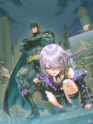 1boy 1girl absurdres anversailles bandaid bandaid_on_face bandaid_on_nose bare_shoulders batman batman_(series) black_boots black_cape black_dress black_jacket black_mask bodysuit boots cape chest_jewel commentary crossover dc_comics dress english_commentary grey_bodysuit hair_over_one_eye highres holding holding_sword holding_weapon hololive hololive_english jacket katana koseki_bijou koseki_bijou_(casual) night off_shoulder official_alternate_costume outdoors purple_eyes purple_hair squatting superhero_costume sword virtual_youtuber weapon