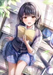 1girl :d bag black_hair blue_skirt blue_sweater_vest blush book collared_shirt commentary_request cowboy_shot highres holding holding_book long_sleeves looking_at_viewer open_book open_mouth orange_eyes original plaid_clothes plaid_skirt pleated_skirt school_bag school_uniform shirt short_hair signature skirt smile solo sweater_vest tokeshi white_shirt