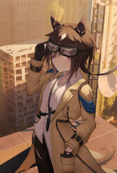 1girl absurdres adjusting_goggles animal_ears armband black-framed_eyewear blue_armband brown_eyes brown_hair cai_ji_(user_jmrv4342) cityscape coat commentary cowboy_shot dusk ear_covers hair_tubes hand_in_pocket highres horse_ears horse_girl horse_tail knife knife_sheath looking_at_viewer low_ponytail multicolored_hair open_clothes open_coat ponytail revision rooftop shadow sheath sideways sideways_glance solo standing stay_gold_(umamusume) symbol-only_commentary tail torn_clothes torn_coat two-tone_hair umamusume variant_set white_hair wrist_belt yellow_coat
