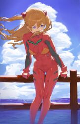 1girl absurdres against_fence blue_eyes blue_sky bodysuit bracer breasts clear_sky cloud cloudy_sky covering_own_mouth day feet_out_of_frame fence full_body gluteal_fold hair_ornament highres interface_headset_(evangelion) leaning_forward long_hair looking_to_the_side mecha_pilot_suit medium_breasts multicolored_bodysuit neon_genesis_evangelion orange_bodysuit orange_hair plugsuit_(evangelion) red_bodysuit redtype sitting sitting_on_fence sky solo souryuu_asuka_langley two_side_up water wooden_fence