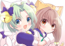 2girls absurdres animal_hat bell blue_eyes blush bow brown_hair cat_hat cat_tail dejiko di_gi_charat green_hair green_neckerchief hair_bell hair_ornament hat highres hug jingle_bell mittens multiple_girls neckerchief open_mouth puchiko puffy_short_sleeves puffy_sleeves short_sleeves tail tail_bow tail_ornament white_background white_mittens yukimura_88