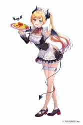 1girl 2016 :d apron asymmetrical_bangs black_corset black_footwear black_horns blonde_hair blue_eyes bow bowtie breasts cherry_tomato cleavage copyright_notice corset demon_tail dress food frilled_dress frills full_body gradient_hair highres holding holding_plate hololive horns ichikawa_haru large_breasts looking_at_viewer maid maid_apron maid_headdress multicolored_hair omelet omurice open_mouth orange_hair plate platform_footwear platform_heels pointy_ears red_bow red_bowtie red_footwear see-through_cleavage see-through_clothes smile solo standing tachi-e tail tomato two-tone_footwear virtual_youtuber yuzuki_choco yuzuki_choco_(maid)