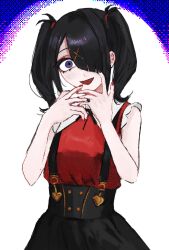 1girl ame-chan_(needy_girl_overdose) arms_up ben-day_dots black_hair chromatic_aberration color_filter commentary_request crazy_grin hair_ornament hair_over_one_eye hands_up heavy_chromatic_aberration highres looking_at_viewer multicolored_nails nail_polish neck_ribbon needy_girl_overdose open_mouth outstretched_hand purple_eyes red_shirt ribbon sanmanako screentones shirt short_twintails skirt solo spotlight suspender_skirt suspenders twintails upper_body x_hair_ornament