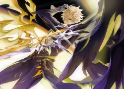 Rule 34 | 1boy, alternate form, asymmetrical wings, bare pectorals, black shirt, black wings, blonde hair, commentary request, cracked skin, hair between eyes, halo, halo behind head, honkai: star rail, honkai (series), hush (xoxo hush), korean commentary, male focus, material growth, pectorals, phainon (honkai: star rail), shirt, short hair, solo, torn clothes, torn shirt, wings, yellow blood, yellow eyes, yellow wings