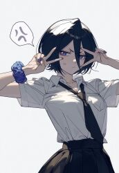 1girl anger_vein black_hair black_necktie black_skirt bleach collared_shirt double_v eatsleep1111_(ai_chan_1111) highres karakura_high_school_uniform kuchiki_rukia necktie purple_eyes purple_nails school_uniform shirt skirt solo upper_body v white_shirt