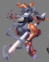 1girl animal_ears animal_hands antlers ass ass_focus asymmetrical_gloves blue_eyes bottomless bracelet breasts curvy ears fingerless_gloves furry furry_female gloves highres horns jewelry medium_breasts no_panties no_pants pajamamcham pseudoregalia rabbit_ears sybil_(pseudoregalia) tail thick_eyebrows thick_thighs thighs weapon wide_hips