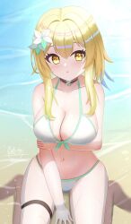 1girl :o alternate_breast_size alternate_costume arm_under_breasts bare_shoulders beach bikini blonde_hair blush breasts cleavage commentary_request day flower genshin_impact hair_between_eyes hair_flower hair_ornament highres hyakuya_iori large_breasts looking_at_viewer lumine_(genshin_impact) navel outdoors partially_submerged short_hair_with_long_locks signature solo stomach swimsuit thigh_strap twitter_username water wet white_bikini white_flower yellow_eyes