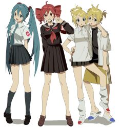 1boy 3girls arm_around_shoulder arm_around_waist armband betti_(xx_betti) black_sailor_collar black_serafuku black_shirt black_skirt black_socks blonde_hair blue_eyes blue_hair blue_necktie collared_shirt drill_hair hatsune_miku highres kagamine_len kagamine_rin kasane_teto kneehighs loafers long_hair long_sleeves looking_at_viewer loose_socks medium_hair miniskirt multiple_girls neckerchief necktie pleated_skirt ponytail red_armband red_eyes red_hair red_neckerchief sailor_collar school_uniform serafuku shirt shoes short_hair short_ponytail short_sleeves simple_background skirt socks twin_drills twintails utau uwabaki v vocaloid white_background white_shirt