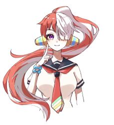 Rule 34 | 1girl, bracelet, commentary request, floating hair, hair over one eye, headphones, highres, jewelry, looking to the side, necktie, one piece, one piece film: red, ponytail, purple eyes, red hair, red necktie, sailor collar, short sleeves, simple background, smile, solo, sub lemolemon, upper body, uta (one piece), white background, white hair