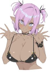 1girl absurdres bikini black_bikini black_ribbon blue_eyes breasts chyko closed_mouth dark-skinned_female dark_elf dark_skin elf hair_between_eyes hair_ribbon heart heart-shaped_pupils highres large_breasts looking_at_viewer o-ring o-ring_bikini o-ring_top original pink_hair pointy_ears ribbon short_hair simple_background smile solo swimsuit symbol-shaped_pupils tan upper_body white_background wrist_cuffs