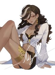 Rule 34 | 1girl, absurdres, arm support, artist name, black hair, black shorts, black undershirt, breasts, centurion (reverse:1999), cleavage, closed mouth, commission, crossed legs, dark-skinned female, dark skin, earrings, eyes visible through hair, feet out of frame, hair over one eye, highres, jewelry, knees up, lips, long hair, long sleeves, looking at viewer, medium breasts, midriff, mingjun myk, multicolored hair, on ground, pendant, puffy long sleeves, puffy sleeves, reverse:1999, shirt, short shorts, shorts, signature, sitting, solo, streaked hair, thigh strap, white background, white hair, white shirt, yellow eyes