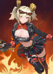 1girl absurdres belt black_belt black_gloves black_jacket black_skirt black_thighhighs black_tube_top blonde_hair breasts burnice_white cleavage closed_mouth commentary_request crop_top cropped_jacket eyewear_on_head fingerless_gloves fire gloves highres jacket large_breasts looking_at_viewer medium_hair navel skirt solo spiked_belt strapless sunglasses thighhighs tube_top turtleneck twintails yellow_eyes yueyueyue_yao zenless_zone_zero
