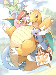alternate_color antennae black_eyes blue_gemstone blue_skin claws colored_skin dragon dragon_wings dragonair dragonfly_wings dragonite dratini evolutionary_line flygon food gem gen_1_pokemon gen_3_pokemon gen_6_pokemon goodra green_eyes green_skin hat head_wings highres horns knhb_tail long_tail mailbag mailman nintendo no_humans one_eye_closed orange_skin peaked_cap pink_skin pokemon pokemon_(anime) pokemon_(creature) pokemon_focus purple_skin red_hat sea_serpent shiny_pokemon single_horn slug sushi tail tatsugiri tatsugiri_(curly) wings