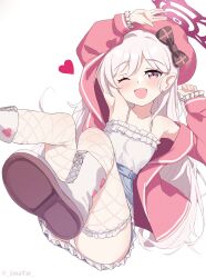 1girl absurdres blue_archive blue_skirt boots fishnet_thighhighs fishnets grey_hair halo hat heart high-waist_skirt highres jacket lace-up_boots linatai long_hair long_sleeves mutsuki_(blue_archive) one_eye_closed open_mouth panties pantyshot pink_eyes pink_jacket pointy_ears purple_halo simple_background skirt smile solo thighhighs underwear white_background white_hair white_panties