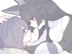 2girls absurdres animal_ears belle_(zenless_zone_zero) black_hair black_necktie blue_eyes braid closed_mouth collared_shirt commentary fox_ears half_up_braid hand_on_another&#039;s_head heart highres hoshimi_miyabi long_hair multiple_girls necktie pink_eyes shirt short_hair simple_background smile symbol-only_commentary white_background white_shirt yuri zenless_zone_zero zzzii0