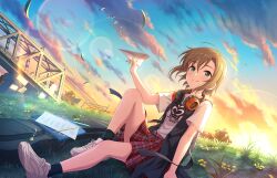 Rule 34 | 1girl, bird, bridge, brown hair, cable, closed mouth, cloud, falling leaves, flower, game cg, grass, green eyes, headphones, heart, hill, holding, idolmaster, idolmaster cinderella girls, idolmaster cinderella girls starlight stage, instrument case, leaf, official art, paper, paper airplane, pen, shirt, sitting, skirt, smile, solo, sunset, t-shirt, tada riina