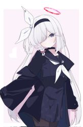 1girl black_choker black_coat black_hairband black_sailor_collar black_serafuku black_shirt black_skirt blue_archive bow braid brown_pantyhose choker cinamon_(cinamori) closed_mouth coat colored_inner_hair cowboy_shot dot_mouth expressionless grey_eyes hair_bow hair_over_one_eye hairband halo highres long_hair looking_at_viewer multicolored_hair neckerchief open_clothes open_coat pantyhose pink_background pink_hair plana_(blue_archive) red_halo sailor_collar school_uniform serafuku shirt simple_background skirt solo very_long_hair white_bow white_hair white_neckerchief