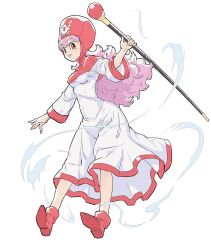 1girl dragon_quest dragon_quest_ii dress hat highres holding holding_staff hood long_hair long_sleeves princess_of_moonbrook purple_hair red_eyes red_footwear red_trim robe simple_background sjw_kazuya smile solo staff white_background white_robe